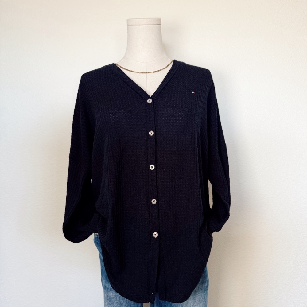 Tommy Hilfiger Women’s Waffle Knit Lightweight Tie Front Blue Cardigan Size M